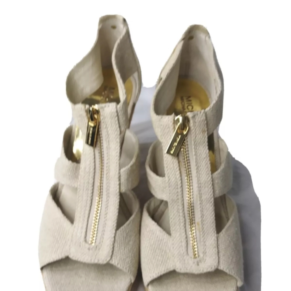 Michael Kors Damita Wedge Shoes Size 9.5M Khaki Heels Gold Zip Accent - Picture 9 of 11